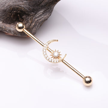 Detail View 1 of Golden Sparkle Moon and Starburst Industrial Barbell-Clear Gem